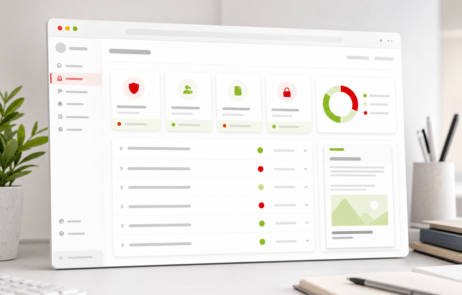 Vorschau eines Datenschutz Schnelltest Dashboards mit Ampelstatus und Checklisten